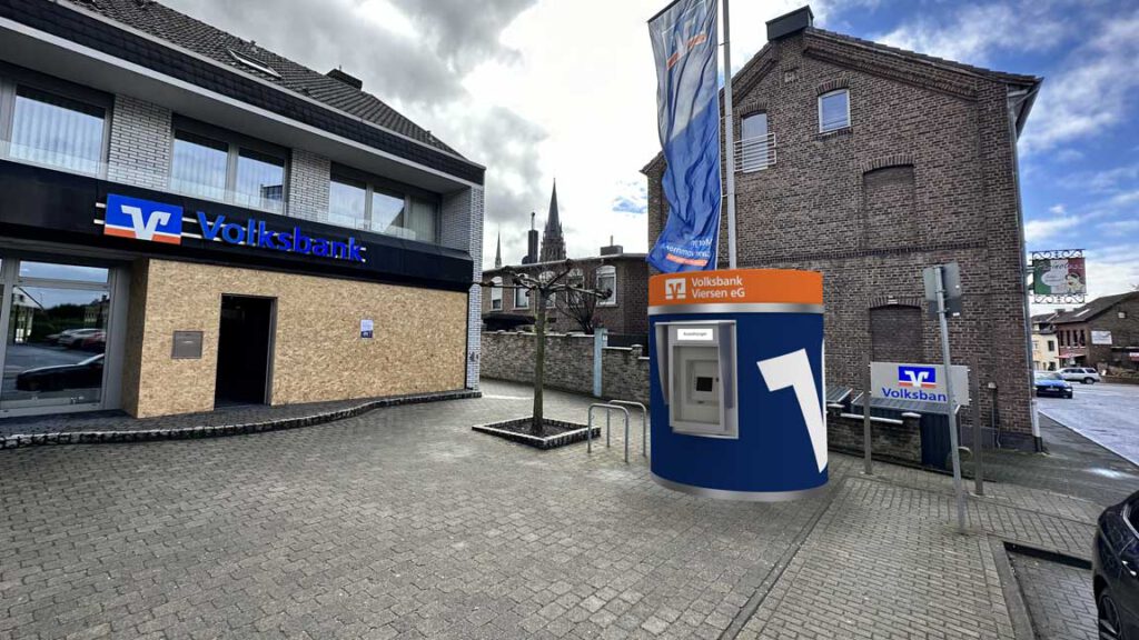 Fotomontage einer Geldautomatenrotunde vor der zuletzt gesprengten Geschäftsstelle in Waldniel.